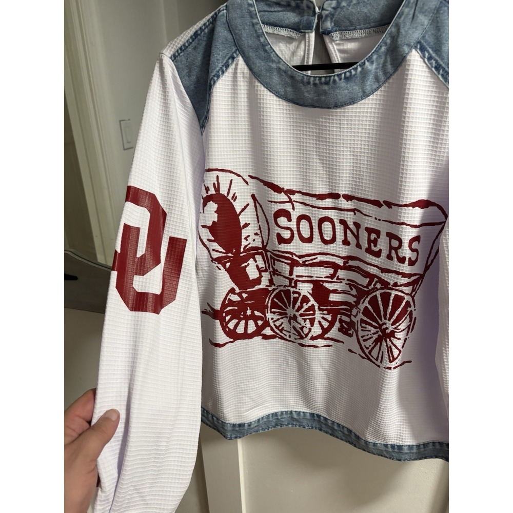 Oklahoma Sooners OU Fan Long Sleeve Shirt Denim Trim Size Small - Picture 2 of 4